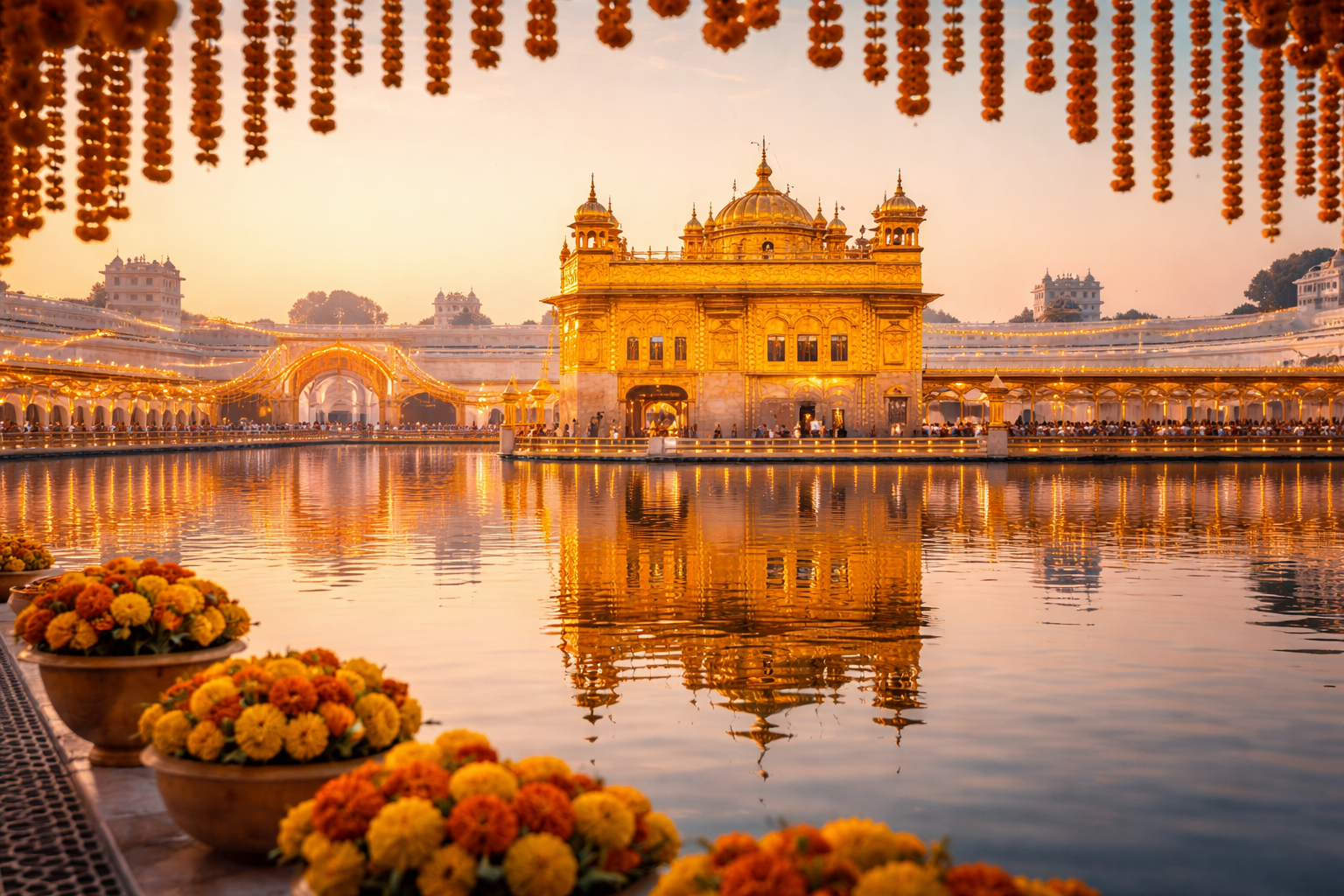 Golden Temple (Harmandir Sahib) at dawn during Baisakhi with marigold garland decorations, flowers, and perfect reflection in Amrit Sarovar — HD wallpaper